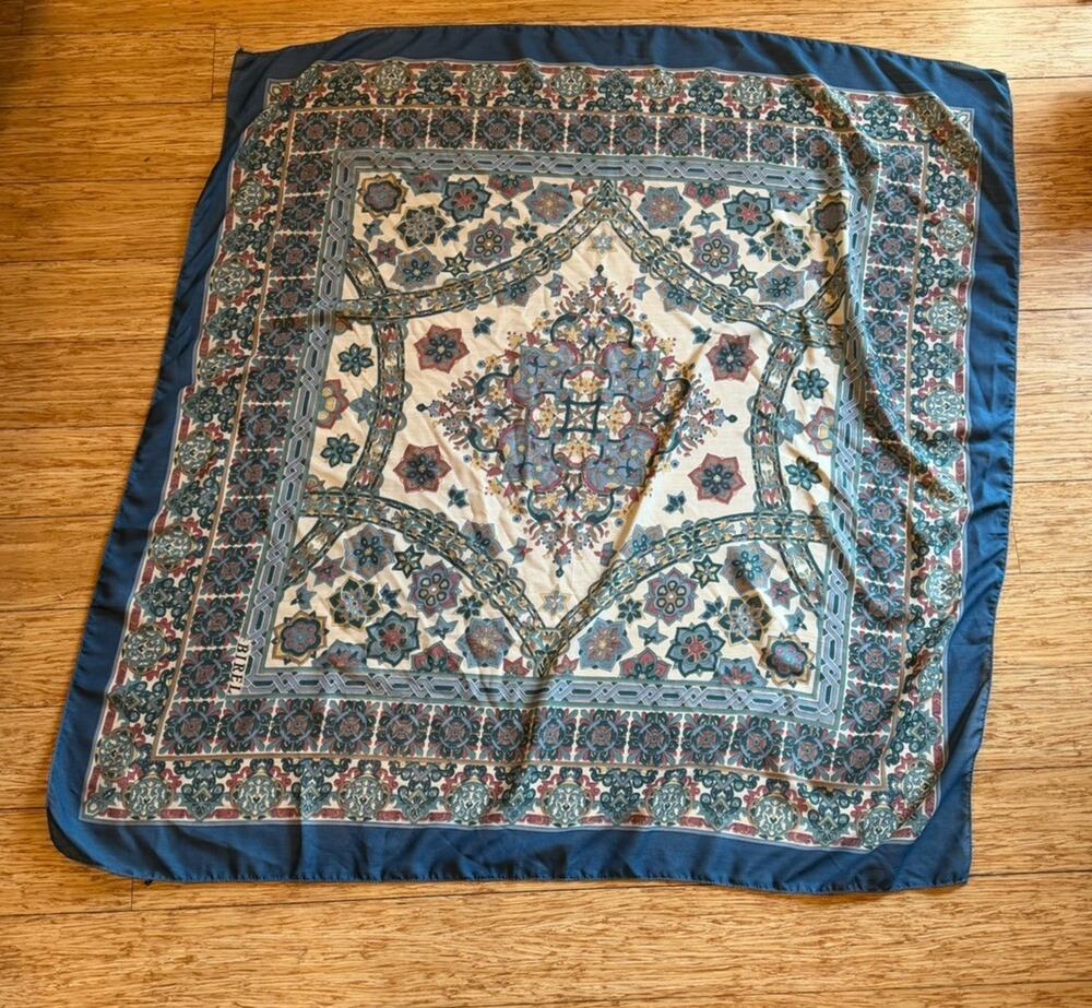 Birel Turkish Silk Scarf VTG Blue Geometric 37” Square